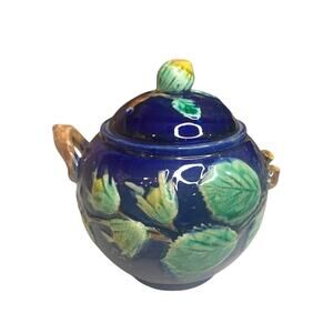 Foster Filbert Majolica Antique Sugar Bowl‎ Lidded Damaged Cobalt Blue